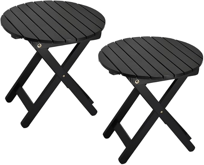 Small Round Folding Side Table Set of 2, Patio Foldable Wooden End Tables for Outdoor Indoor Porch Camping Living Room Bedside Couch, as Coffee Table or Plant Stand, Black