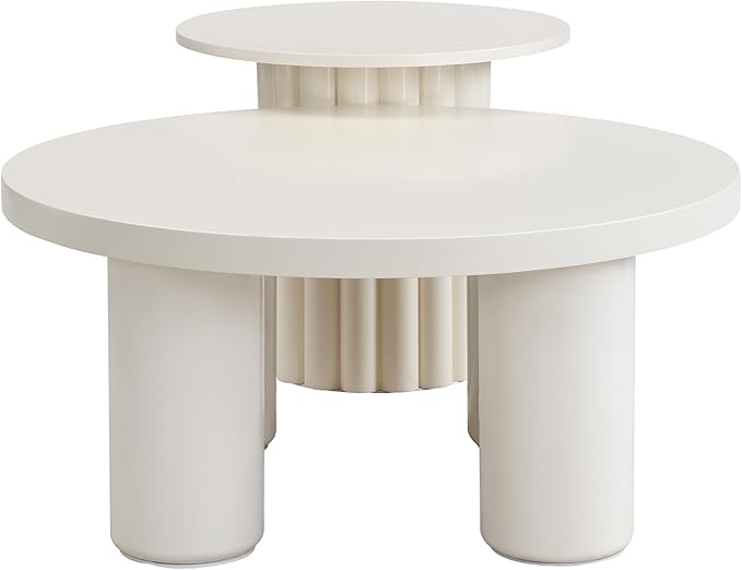 Modern Coffee Table Set of 2, Round Center Table with Roman Column Legs,Space-Saving Stackable Design,Matching End Tables for Living Room, Industrial & Functional, Easy Assembly,White
