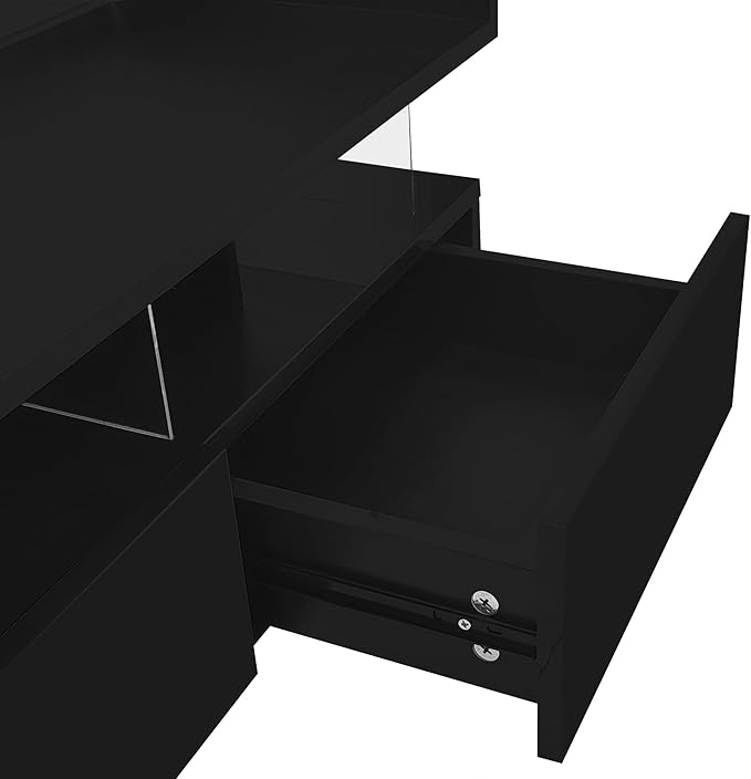 Lift Top Coffee Table with 2 Drawers and LED Lights, Modern 29.5" Square High-Gloss Center Table Cocktail Tea Table with Glass Top and Hidden Space for Living Room Apartment Black