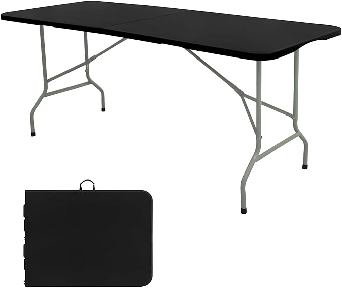 Folding Table 6 FT Camping Table Portable Plastic Rectangular Outdoor Dining Table Steel Legs Fold-in-Half with Carrying Handle for Indoor,Picnic,Party,Wedding,Events(Black)