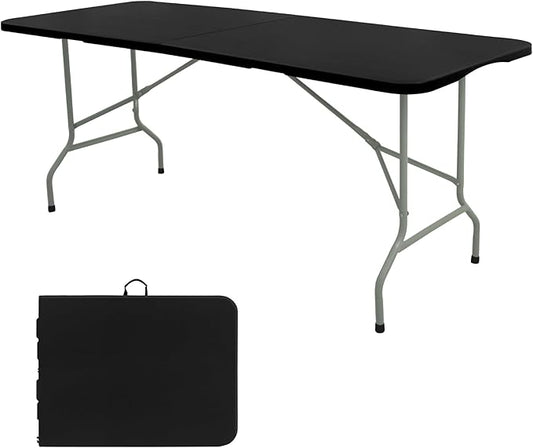 Folding Table 6 FT Camping Table Portable Plastic Rectangular Outdoor Dining Table Steel Legs Fold-in-Half with Carrying Handle for Indoor,Picnic,Party,Wedding,Events(Black)