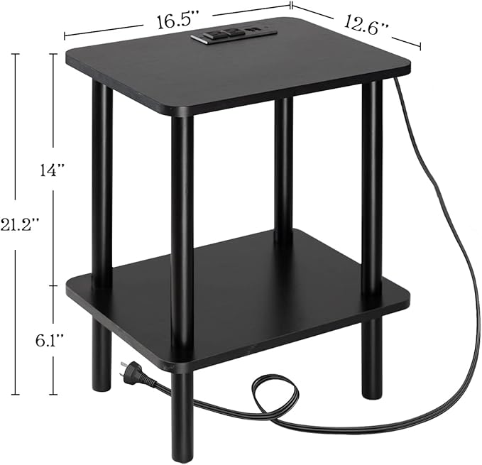 FORAOFUR End Table with Charging Station, Black Side Table with USB Ports and Outlets, Narrow Side Table for Living Room, Bedroom and Office, Small Nightstand with Charging Station