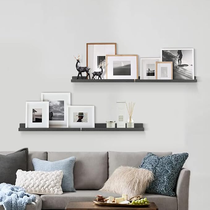 Forbena 24 Inch Long Picture Ledge Shelf Set of 4, Black Wood Floating Shelves with Lip for Wall, Rustic Display Shelves for Living Room Bedroom Bathroom Office Photo Frames Plants Books Art Decor