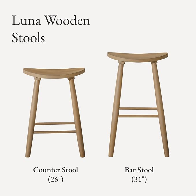 Maven Lane Luna Counter Stool – 26 Inches – Round Stool with Footrest – Natural Solid Wood – Space-Saving Design for Kitchen Counters & Islands, Ideal for Apartments, Dorms & Compact Living