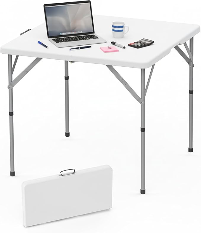HLPB 34'' Square Folding Card Table, Fold-in-Half Portable Dining Table with Handle and Safety Lock, Foldable Plastic Dining Table Indoor Outdoor for Camping, Picnic and Party Event, White
