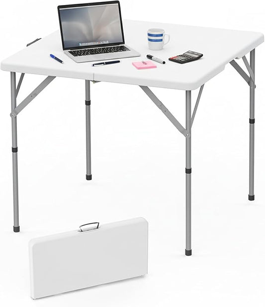 HLPB 34'' Square Folding Card Table, Fold-in-Half Portable Dining Table with Handle and Safety Lock, Foldable Plastic Dining Table Indoor Outdoor for Camping, Picnic and Party Event, White