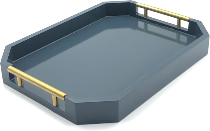 Serving Tray with Polished Metal Handles, Hexagon Coffee Table Tray, Modern Rectangle Decorative Tray, Large Ottoman Tray, Perfect for Storage and Display (Blue Rectangle)