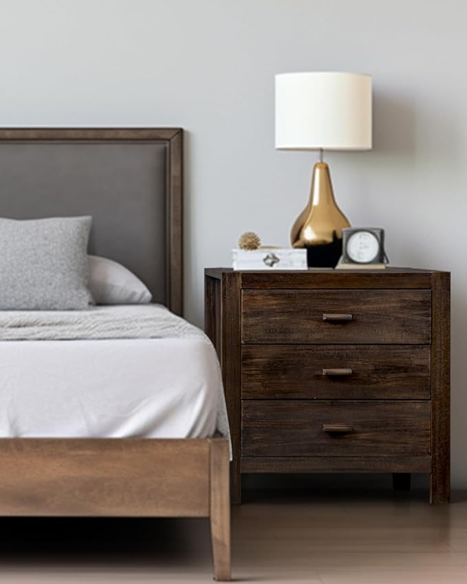 Karl home Nightstand with Charging Station, Farmhouse Nightstand for Bedroom, Pine Wood Night Stand with 3 Drawers, End Table Bedside Table with 2 USB Parts, Living Room, Entry Way, Brown