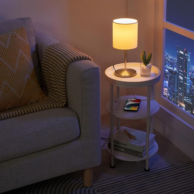 Small Round End Table with Charging Station, 3-Tier Accent Couch Beside Table with USB Ports & Power Outlets, Sofa Side Table for Living Room Small Nightstand Bedroom (USB Charger, White)