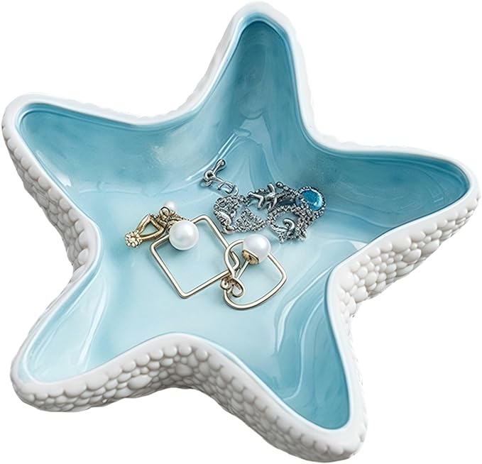 Starfish Jewelry Dish Ceramic Holder Ring Trinket Tray, Ocean-themed Decorative Trinket Dish, Suitable for Mother Friend Sister, Gifts for Women, Home Decor Trinket Dish(Sea Blue)