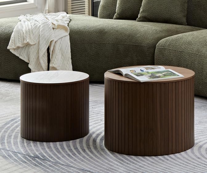 Round Coffee Table Set of 2 for Living Room, Wood Small Nesting Tables with Storage, Circle Side Table, Modern Accent End Table with Moveable Lid for Bedroom,Walnut