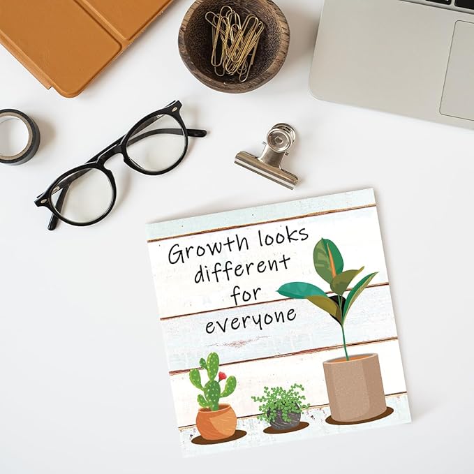 LVQHI Inspirational Wood Block Sign,Growth Looks Different for Everyone Plant Motivational Wooden Block Sign for Home Bedroom Office Desk Table Decor,Inspirational Cheer Up Gift for Coworker Wood