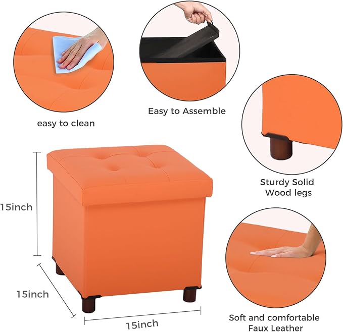 Storage Ottoman for Living Room Ottoman Square with Tray Bedroom Cube Foot Rest Stool with Legs Small Ottomans Coffee Table Lid Foldable Footstool Faxu Leather 15" in (Orange)