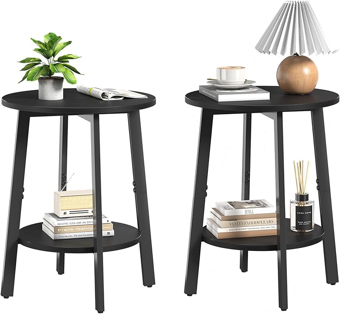 Side Table Set of 2, Small Round End Table with Storage Shelf for Small Space, 2-Tier Black Bedside Table Sofa Couch Table, Nighstands Set of 2 Accent Table for Living Room, Bedroom, Black