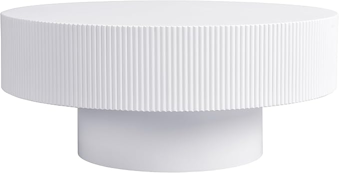 WILLIAMSPACE 31.5" White Round Coffee Table with 6.8" Thick Tabletop & Sturdy Base, Modern Drum Center Table Circle Accent Side Table for Living Room, Minimalist Fluted Design, White