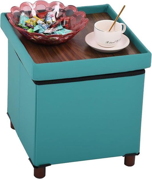 Storage Ottoman - Foldable Footstool with Storage, Square Tray, Coffee Table Lid, Light Green