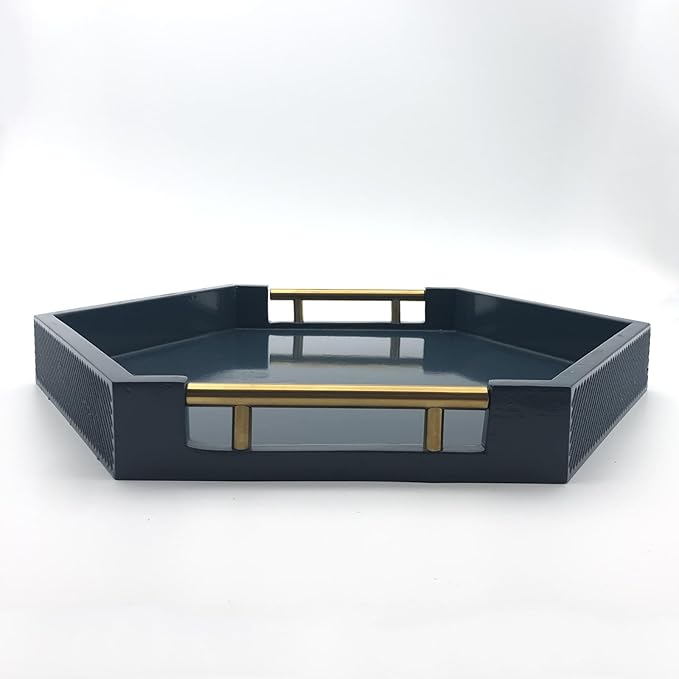 Serving Tray with Polished Metal Handles, Hexagon Coffee Table Tray, Modern Rectangle Decorative Tray, Large Ottoman Tray, Perfect for Storage and Display (Blue Hexagon)