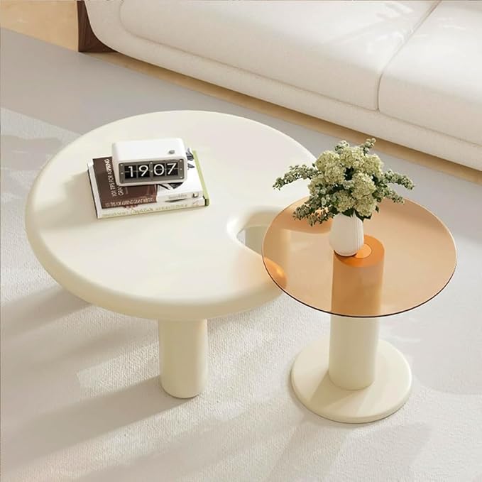 Cloud Coffee Table Cute Nesting Coffee Tables Set of 2 Irregular Coffee Table with Glass Top, Modern Small Coffee Tables End Tables Set Center Table White & Brown