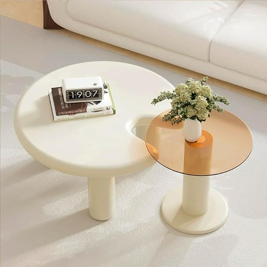 Cloud Coffee Table Cute Nesting Coffee Tables Set of 2 Irregular Coffee Table with Glass Top, Modern Small Coffee Tables End Tables Set Center Table White & Brown