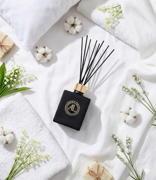 Fresh Linen- Reed Diffuser Set - Scent Sticks - Non-Toxic- Bathroom Diffuser - with 5oz Oil - Black Reed Diffusers for Home & Office - Elegant Scented Sticks for Desk