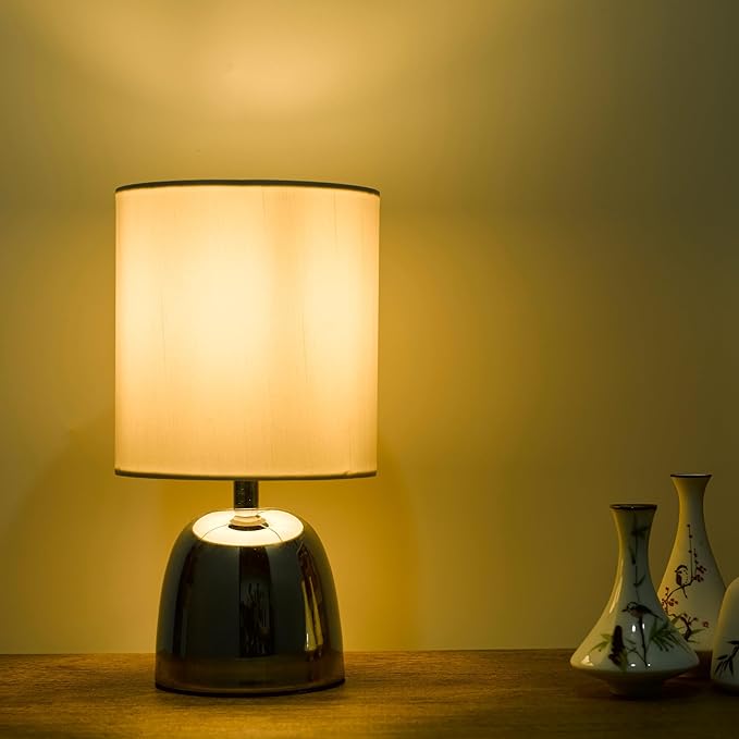 Small Modern Touch Eye Protection Bedside Table Lamp, 5.5 x 5.5 x 10 Inch Farmhouse Table Lamps, Silver Metal Base Table Lamp for Living Room Bedrooms and Office (White Fabric Lampshade)