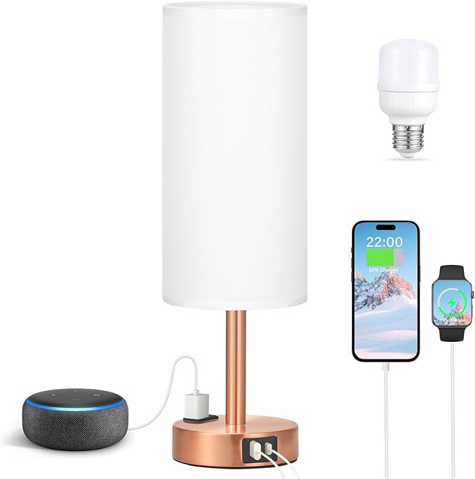 Fenmzee Bronze Nightstand Bedroom Lamp - 3 Way Dimmable Bedside Lamp USB C A Charging Ports and AC Outlet, Small Table Lamp White Linen Lampshade for Desk, LED Bulb Included
