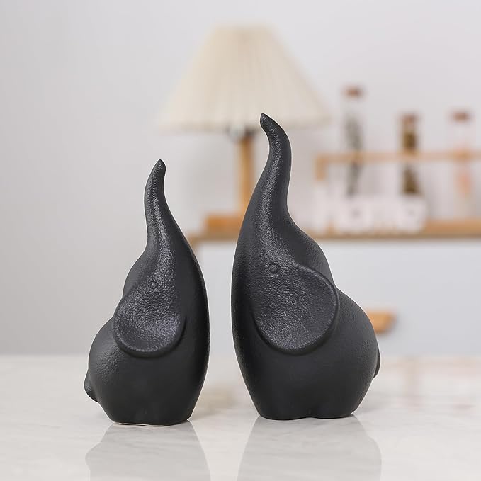 Ceramic Elephant Figurines with Trunk Up, Pair Couples Loving Elephant Statue, Small Figurines Sculpture African Home Decor, Valentine Elephants Gifts for Women, Wedding Knick Knacks（Black）