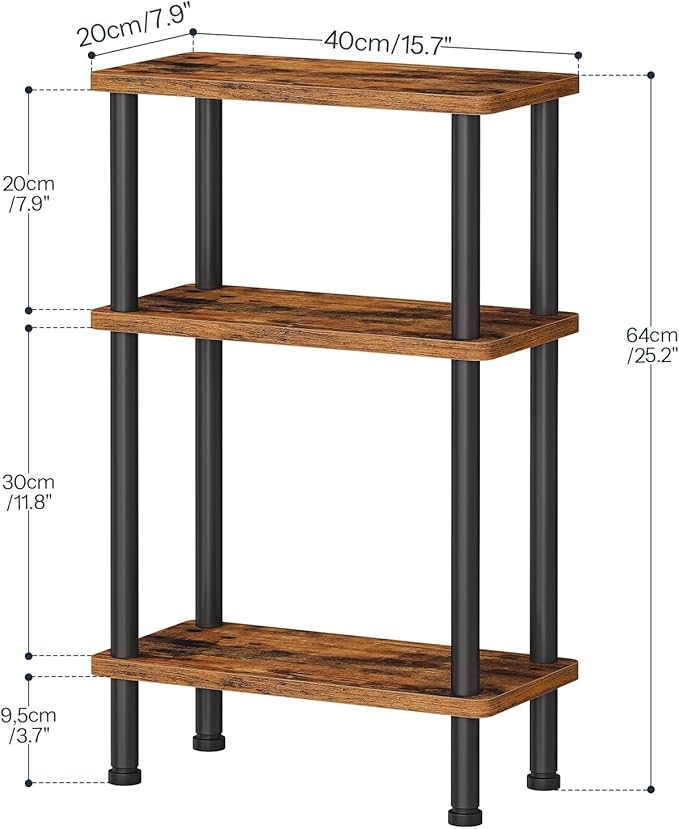 HOOBRO Narrow Side Table, 3-Tier Slim End Table No Tools Needed, Twist-On Assembly, Skinny Nightstand Sofa Storage Shelf for Living Room, Bedroom, Study, Rustic Brown and Black BF246BZ01N1