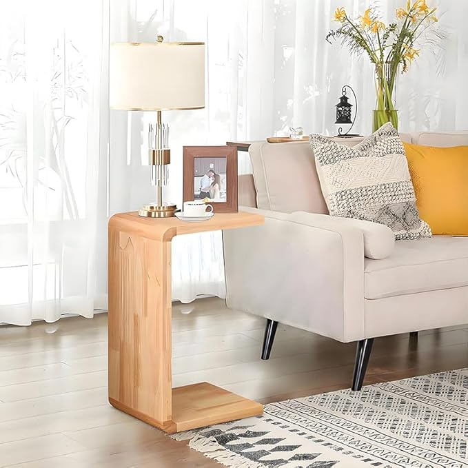 CHSSIH C Shaped End Table for Couch - Wooden Sofa Side Table, Slide Under Couch Table for Living Room, Bedroom, Laptop, Coffee, Small Space Narrow Furniture, Natural