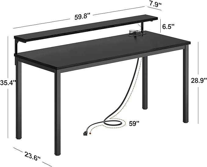 Need 60 inch Computer Desk with LED Lights & Power Outlets, Large Home Desk with Monitor Shelf, Writing Table Gaming Desk Home Office Desk, Black