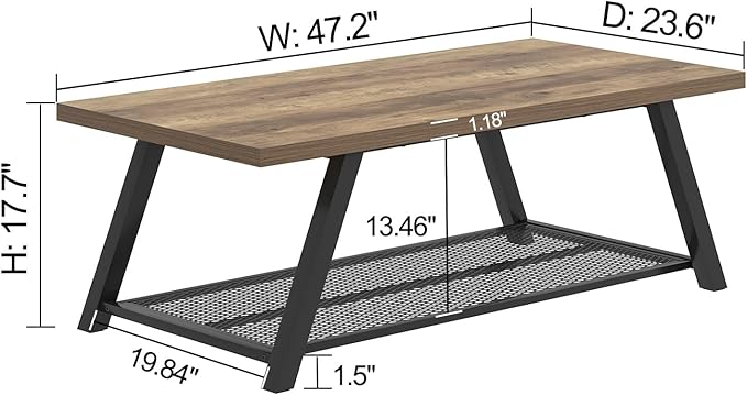 FOLUBAN Coffee Table, Modern Rustic Wood and Metal Center Table with Storage, Industrial Cocktail Tea Table for Living Room, Oak, 47 Inch