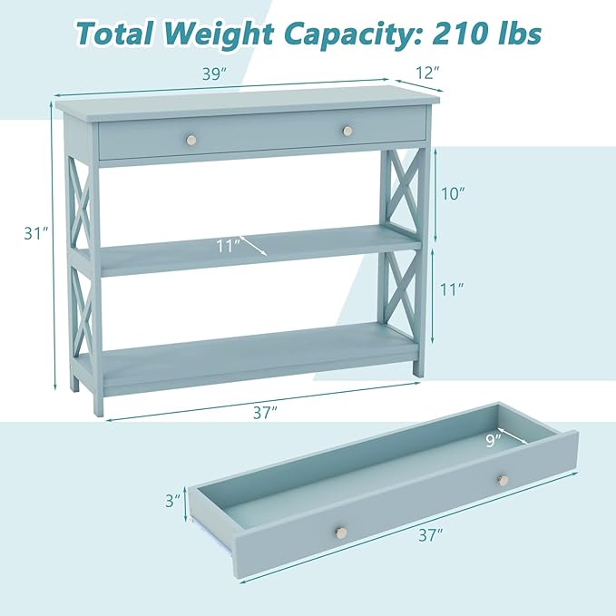 GOFLAME 39" Console Sofa Table with Drawers, 3-Tier Narrow Entry Table with Storage Shelves for Living Room Behind Couch, Entryway, Hallway (Green)