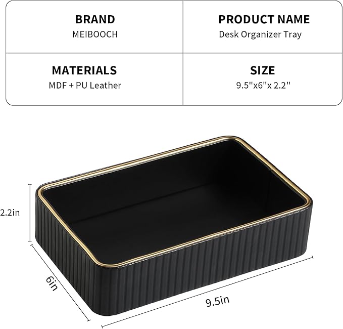 Desk Organizer Tray, PU Leather Valet Tray Nightstand Organizer Cologne Perfume Trays for Men Women, Decorative Vanity Trays Key Bowl Trinket Dish (Black, 9.5" x 6" x 2.2")