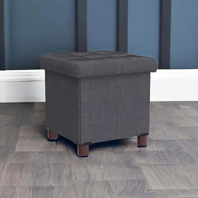 15 Inch Storage Ottoman with Wooden Legs - Cube Foot Rest Stool, Square Footstool, Comfortable Seat with Lid, Foldable Fabric Ottoman, Space-Saving Grey