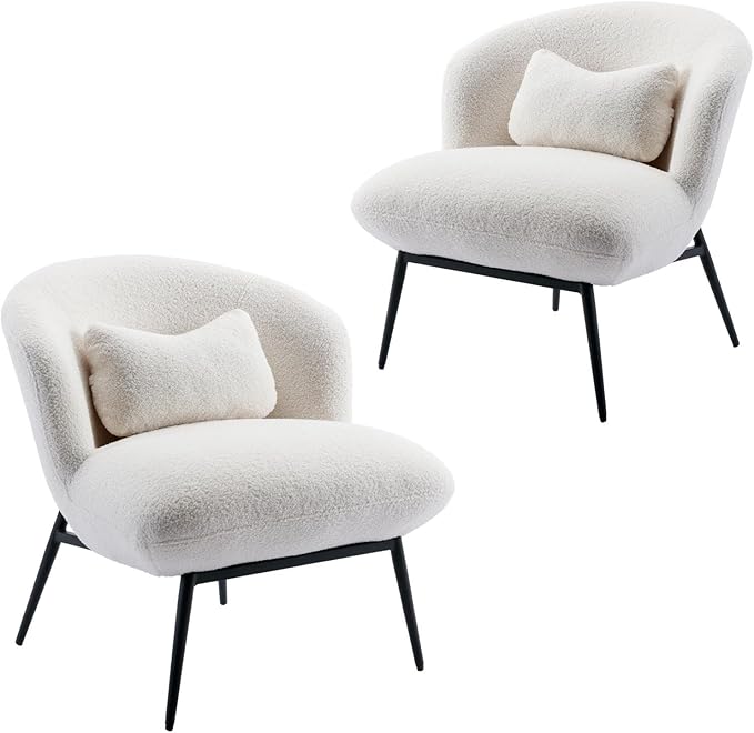 DUOMAY Modern Accent Chairs Set of 2, Sherpa Upholstered Leisure Boucle Single Sofa Lounge with Lumbar Pillow Metal Legs Slipper for Living Room Bedroom Office, White