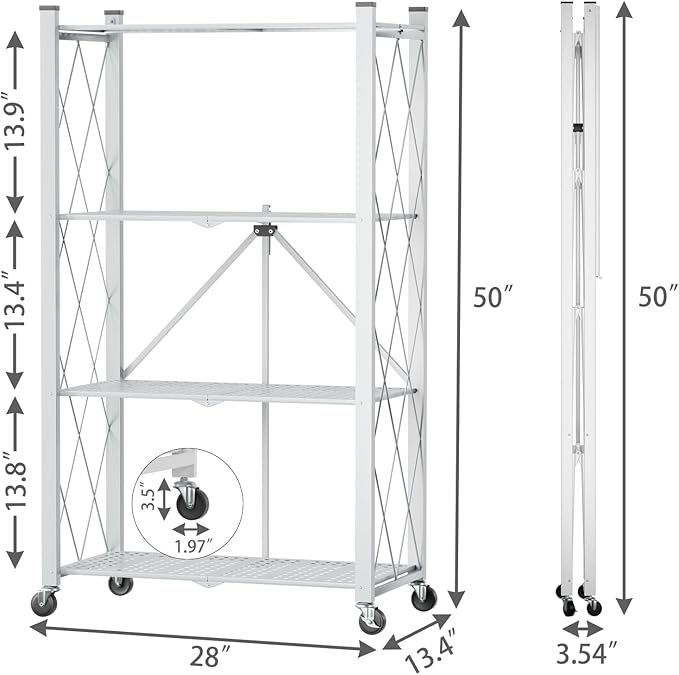 4 Tier Foldable Storage Shelf with Wheels, Heavy Duty Folding Shelf Loads 600 LBS, Metal Steel Collapsible Shelves, Rolling Standing Utility Rack for Kitchen, Pantry, Office, White