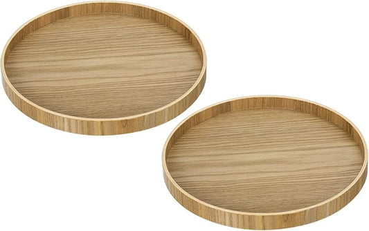 PATIKIL Wood Serving Tray 9 Inch, 2 Pack Round Decorative Platter for Home Decor Kitchen Table Candle Holder
