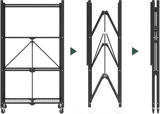 50" H 4 Tier Foldable Storage Shelf with Wheels, Folding Shelving Loads 400 LBS, Metal Steel Garage Shelves, Rolling Standing Utility Rack for Kitchen, Pantry, Office, Black