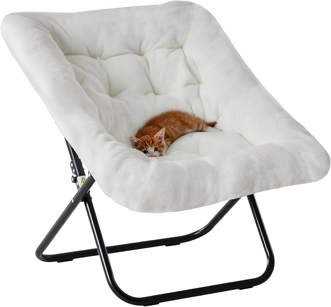 DUMOS Comfy Chair for Adults, Soft Faux Fur Folding Lounge for Bedroom Living Room Dorm Rooms Flexible Reading Chair for Teens, Large Size Foldable (Square-White)