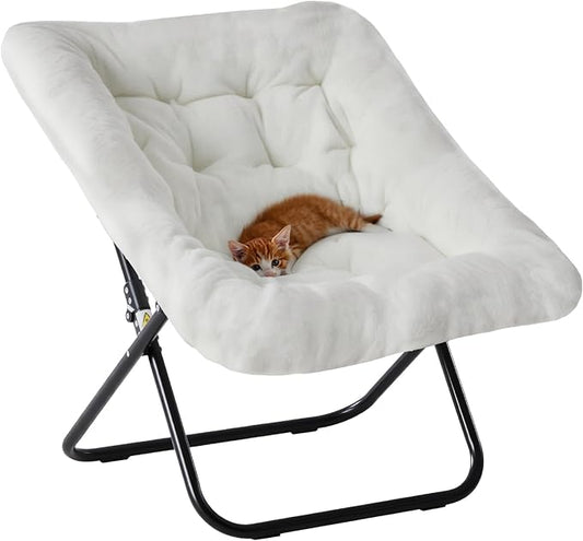 DUMOS Comfy Chair for Adults, Soft Faux Fur Folding Lounge for Bedroom Living Room Dorm Rooms Flexible Reading Chair for Teens, Large Size Foldable (Square-White)