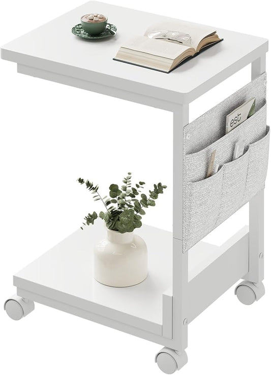 Side Table,C Table with 2-Tier Storage Shelf, End Table with a Storage Bag, Sofa Table with Wheels for Living Room, Bedroom, Office, Bathroom, White