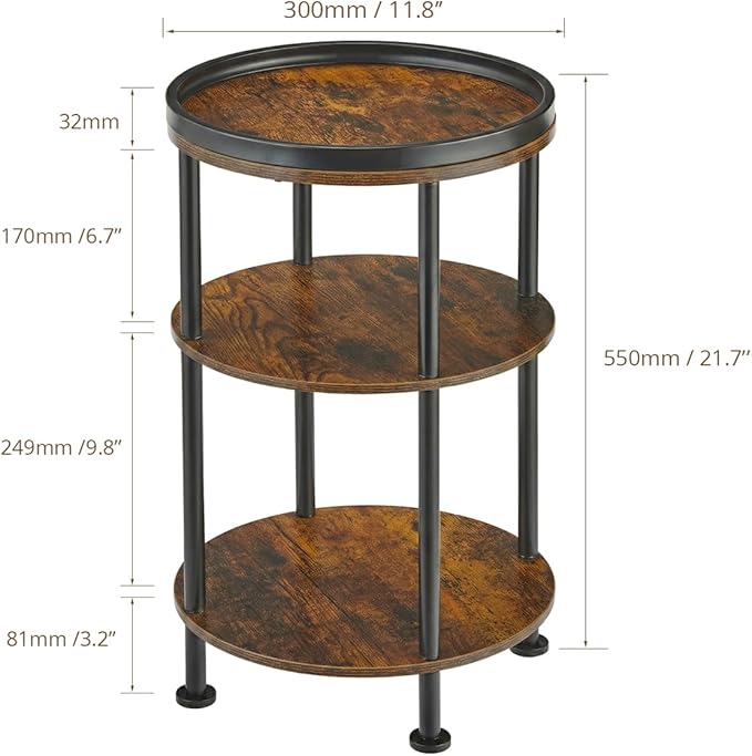 Small Round Side Table with Tray Top (Patented Design), 11.8" Narrow End Table for Small Spaces, 3-Tier Industrial Nightstand, Original Rustic Accent Furniture for Living Room Bedroom, Rustic Brown
