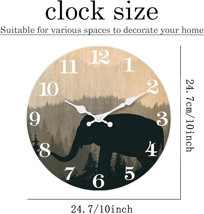 XFM 10 inch Elephant Wall Clock Silent Non-Ticking Clocks Forest Wildlife Wall Clocks Battery Operated Rustic Farmhouse Clock for Home Decor Living Room Kitchen Office