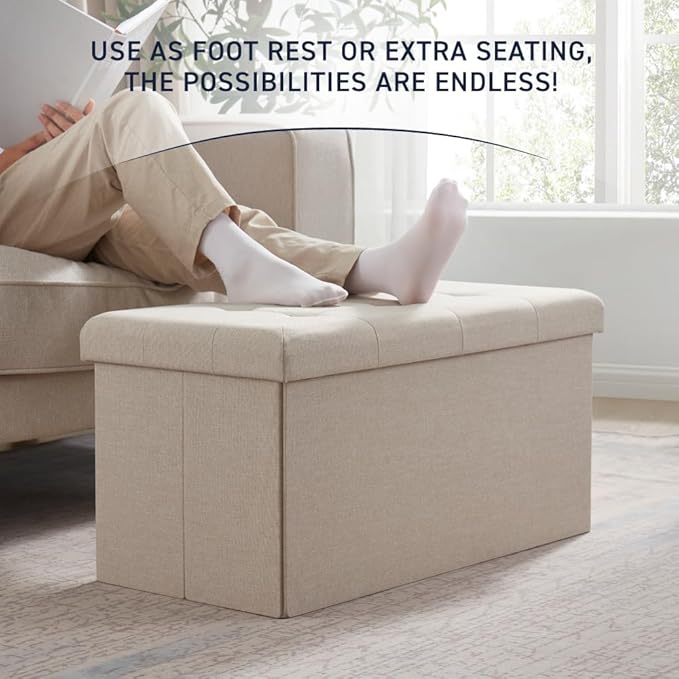 Ornavo Home 30 inch Folding Storage Ottoman with Large Storage, Foot Rest, Bedroom Bench - Beige