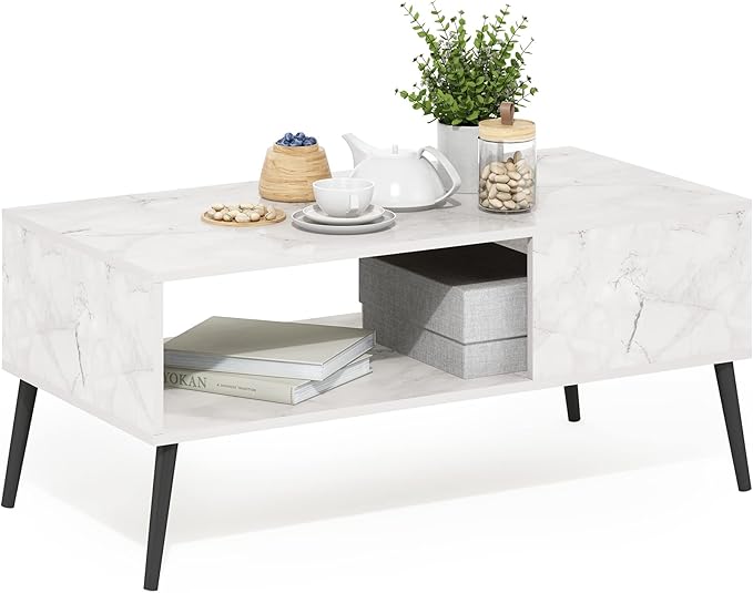 Furinno Claude Mid Century Style Coffee Table with Wood Legs, Marble White