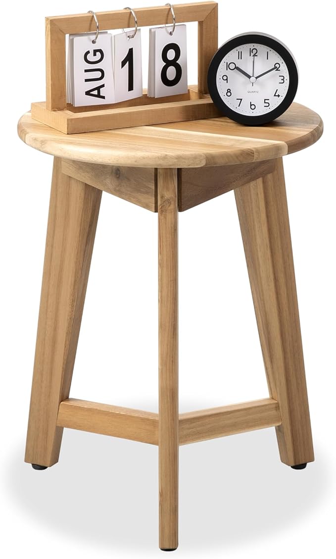 Round Side Table – Acacia Wood End Table for Living Room or Bedroom – Light Natural Wood Finish, Compact Nightstand or Accent Table for Sofas & Beds (13x16 x13 Inches)