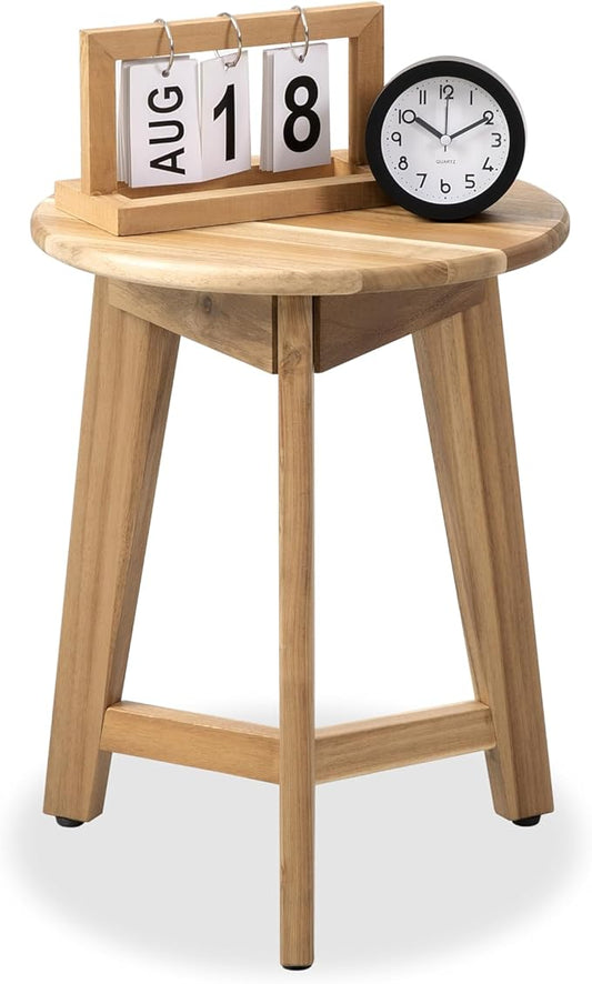 Round Side Table – Acacia Wood End Table for Living Room or Bedroom – Light Natural Wood Finish, Compact Nightstand or Accent Table for Sofas & Beds (13x16 x13 Inches)
