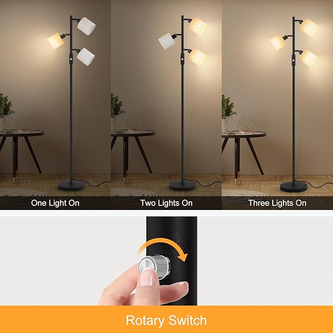 Floor Lamps for Living Room, Standing Lamp, 3-Light Tree Floor Lamp with Lampshade, Reading Floor Lamp with Rotary Switch, 63" Tall Lamp, Modern Pole Lamp for Bedroom Office Kids Room (5W LED Bulbs)