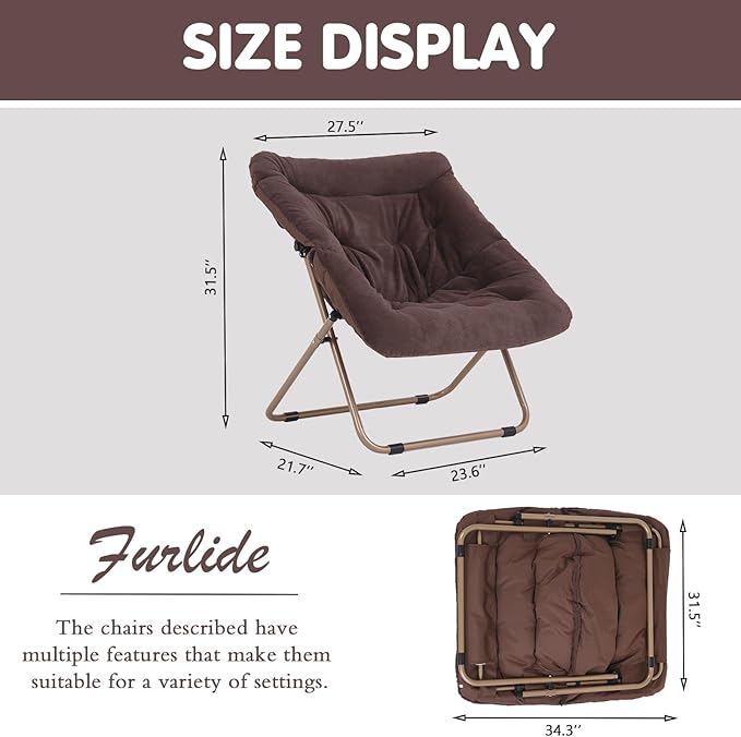 Saucer Chair, Comfy Bedroom Chairs, Oversized Folding Faux Fur Chair, Foldable Metal Frame Chair for Bedroom, Living Room, Balcony, Patio, Study, Playroom (Coffee)