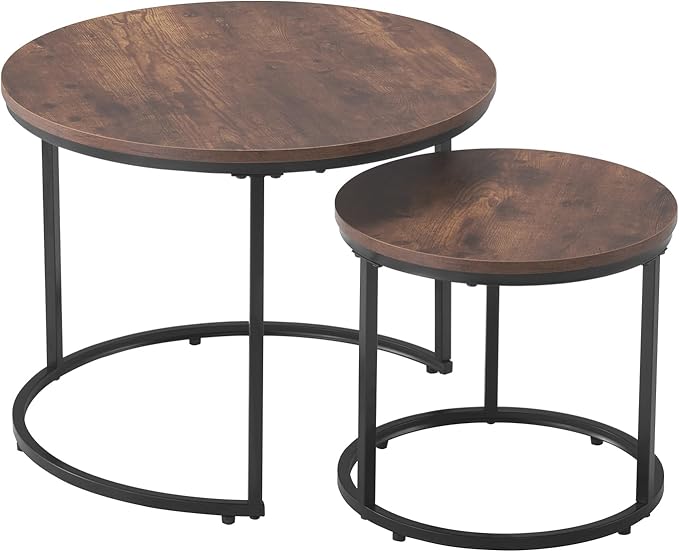 VEVOR Nesting Tables, Coffee Table Set of 2, 23.6 inch Round Coffee Table, Small Coffee Tables Night Stand with Metal Frame, for Living Room, Bedroom, Office (Brown & Black)